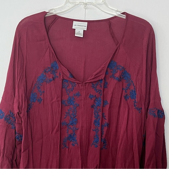 Women’s Liz Claiborne Tunic Style Burgandy Embroidered Top. Size Medium. - Picture 3 of 12